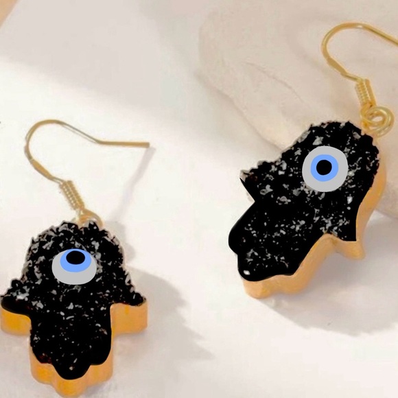 Jewelry - “Hamsa” Evil Eye Black Druzy Geode Sparkly Gold Dipped Protection Pray Earrings
